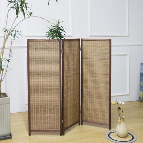 3 Panel Bamboo Room Divider, Double Sided, Brown, 47.2"H E393