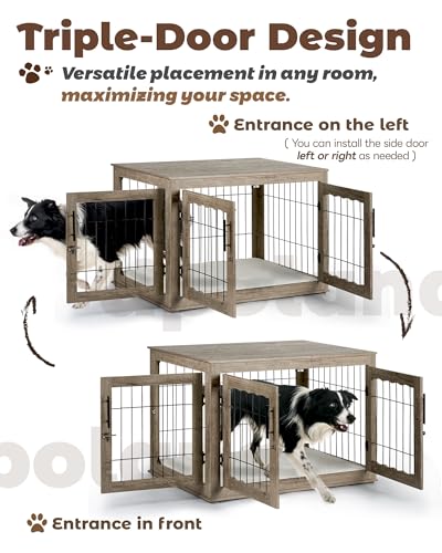 Wooden Dog Crate Furniture with Bed Mat, 32 Inch, 3 Doors, Greige X4054