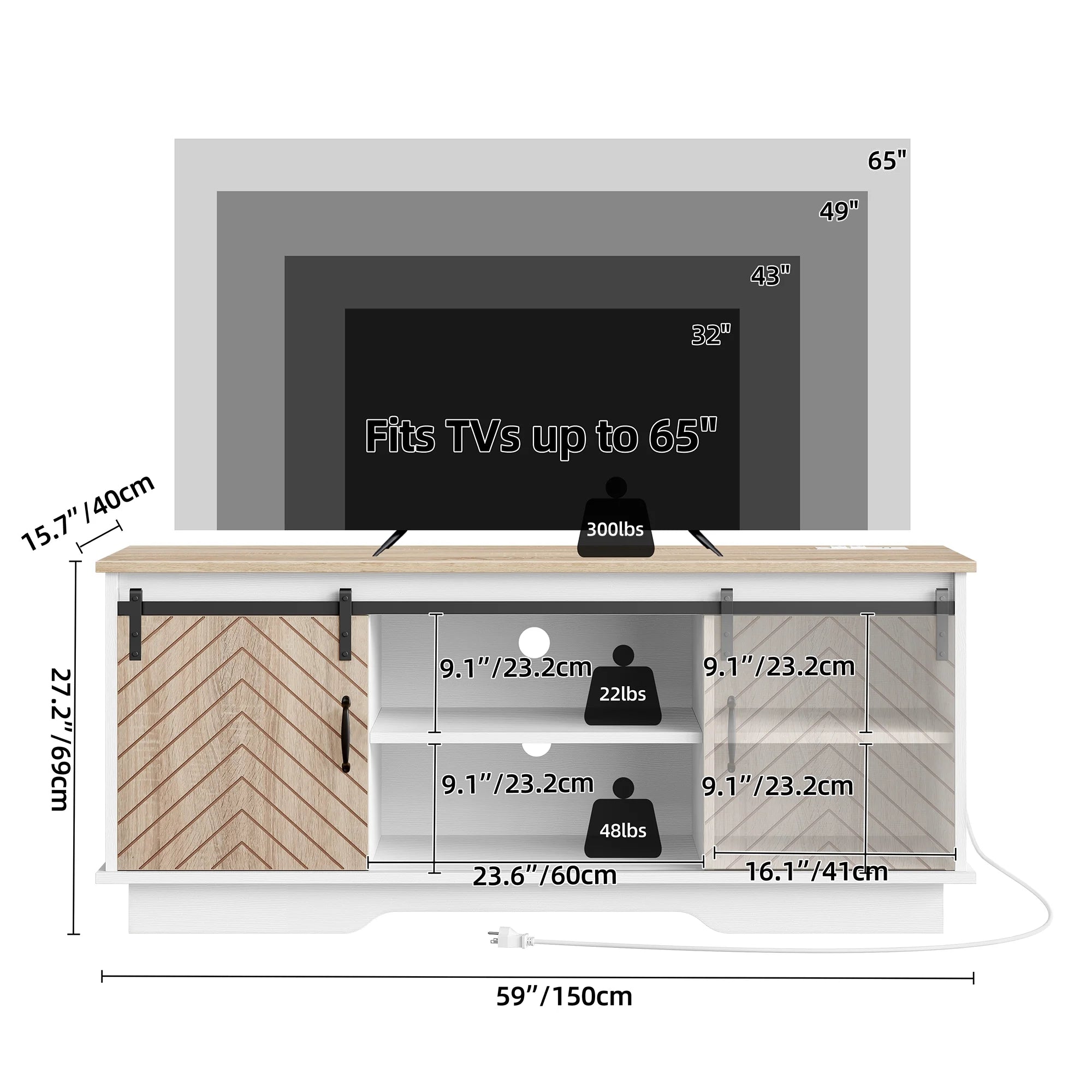 DWVO Farmhouse TV Stand for TVs up to 65 inch, Wood Entertainment Center with Outlets & USB Ports O39331