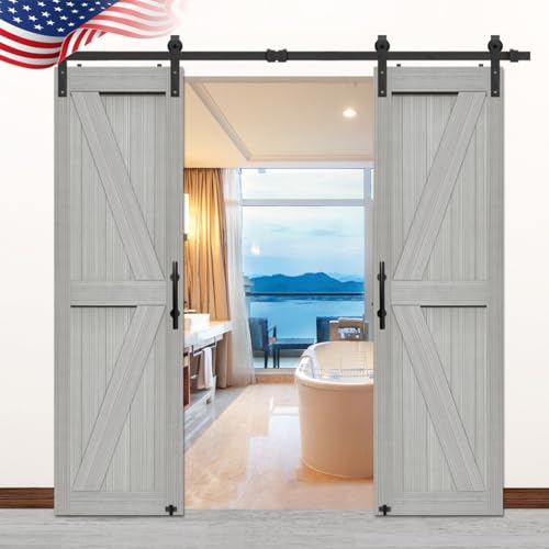 S&Z TOPHAND® 20 in x 84 in Elephant Gray British Brace Knotty Barn Door with 4FT Sliding Hardware Kit G149446
