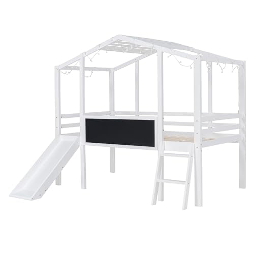 Harper & Bright Designs Kids Twin Low Loft Bed with Slide, Storage Shelves & Stairs, White/Pink C414827
