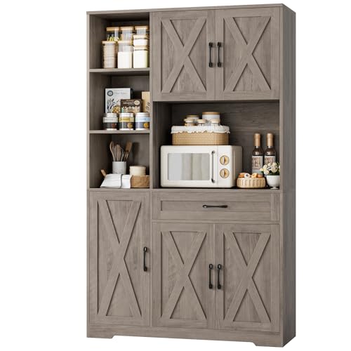 HOSTACK 71" Tall Kitchen Pantry Storage Cabinet with Microwave Stand, Barn Doors, Ash Grey H766476