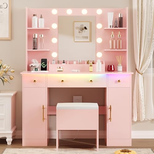 White Vanity Desk with Mirror and Lights, Charging Station and Stool Z6519