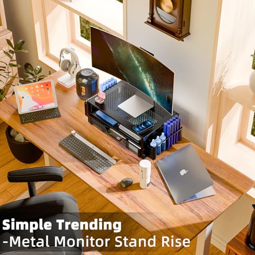Simple Trending 2 Tier Metal Monitor Stand with Drawer and Pen Holder R17754
