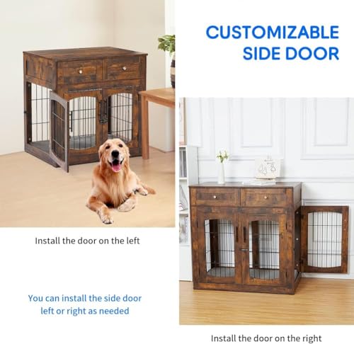 Wooden Dog Crate Furniture with Cushion and 2 Drawers R35157