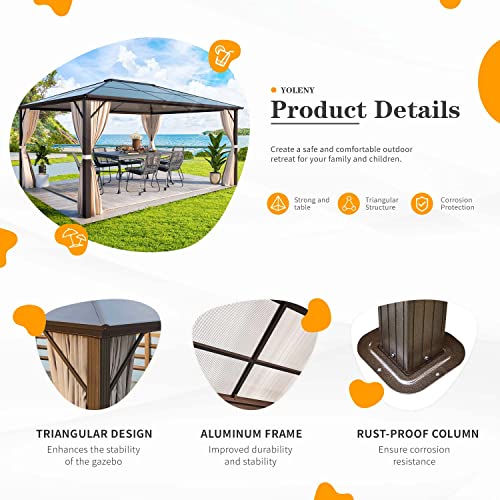 YOLENY 10'x13' Hardtop Gazebo with Aluminum Frame and Curtains F853