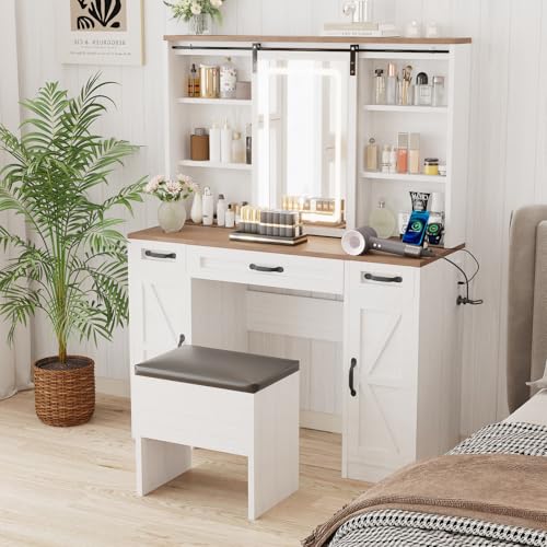 Farmhouse Vanity Desk with Lighted Mirror & Stool, 8 Shelves, 5 Drawers L80251