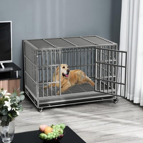 LEMBERI 48/38 inch Heavy Duty Dog Crate with Lockable Wheels, Double Door, Removable Tray Z823935