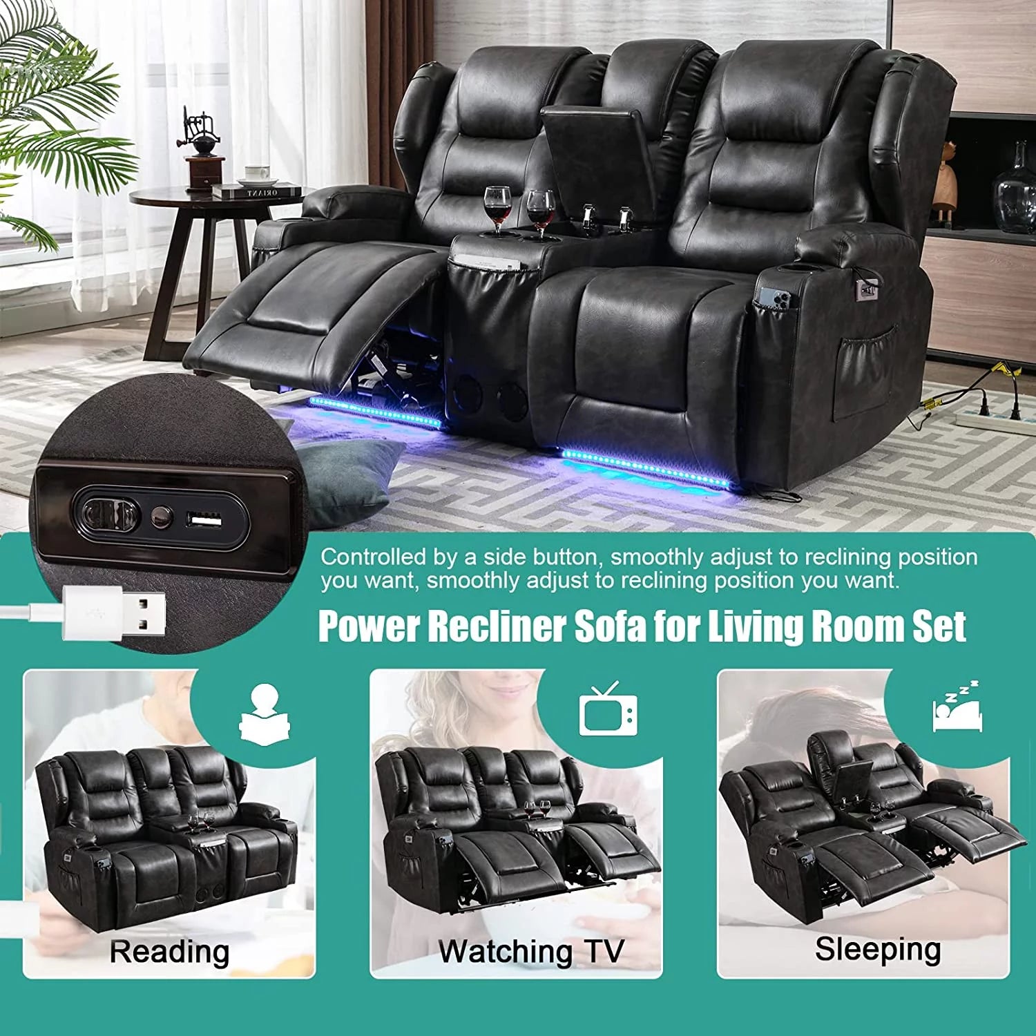 IPKIG Electric Home Theater Seating Power Recline Chair Loveseat RV Sofa with Console, 67" Double Recliner 2-Seater V603082