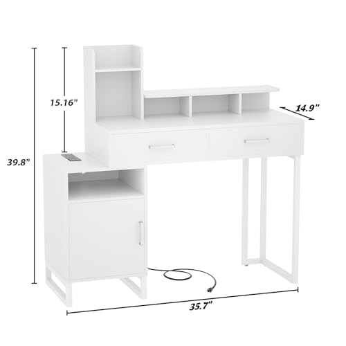 White Vanity Desk with Power Outlet and Storage Y378