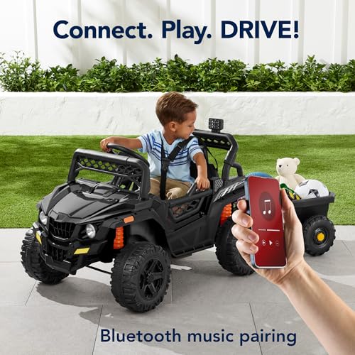 Kids 12V Electric Ride On UTV Car with Trailer, Parent Control, LED Lights, Bluetooth - Black C2735