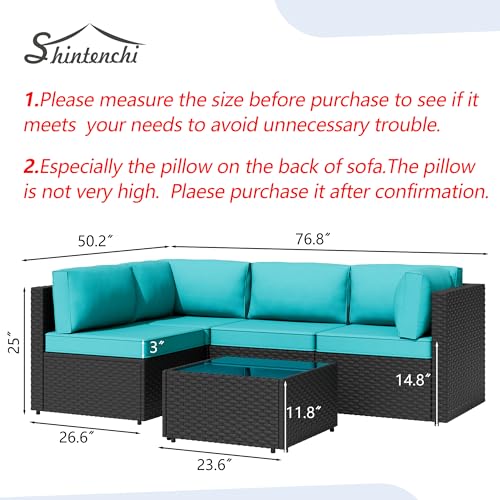 Shintenchi 5-Piece Outdoor Patio Sectional Sofa with Cushions and Glass Coffee Table, Aegean Blue U127322