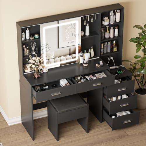Fameill Vanity Desk with Mirror and Lights, 5 Drawers, Charging Station, White H302