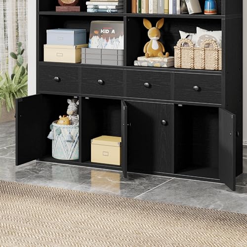 IRONCK 78.7" Bookcase with 4 Drawers and 4 Doors, 6 Tier, Vintage Black Z686086