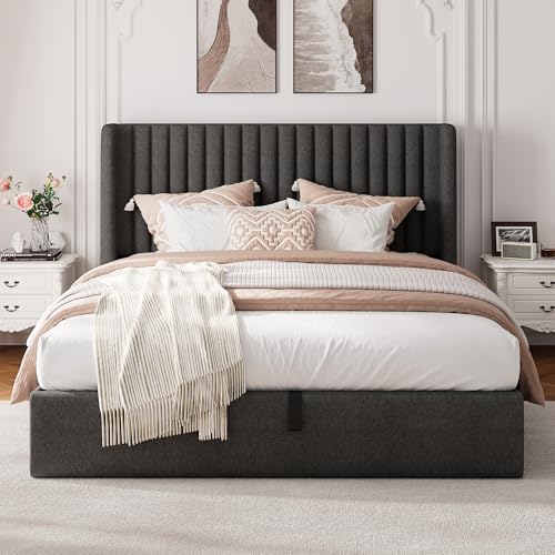Full Size Lift Up Storage Bed with Wingback Headboard, White Y8002