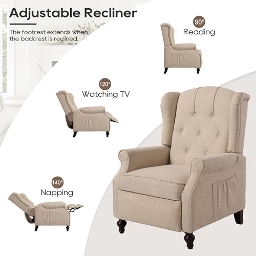 Wingback Recliner Chair with Massage and Heat, Tufted Fabric, Wooden Legs D91574