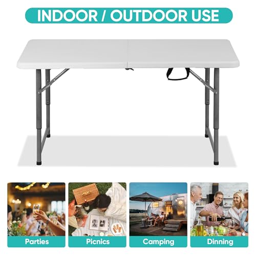 Portable 4 Foot Plastic Folding Table, Indoor Outdoor Heavy Duty with Carrying Handle, White I854764