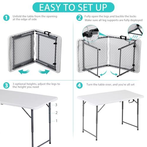 Portable 4 Foot Plastic Folding Table, Indoor Outdoor Heavy Duty with Carrying Handle, White I854764