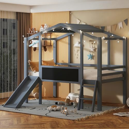 Harper & Bright Designs Kids Twin Low Loft Bed with Slide, Storage Shelves & Stairs, White/Pink C414827