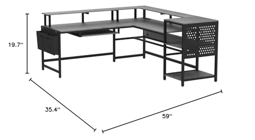SEDETA L Shaped Gaming Desk with Power Outlets & LED Strip, Black U65690