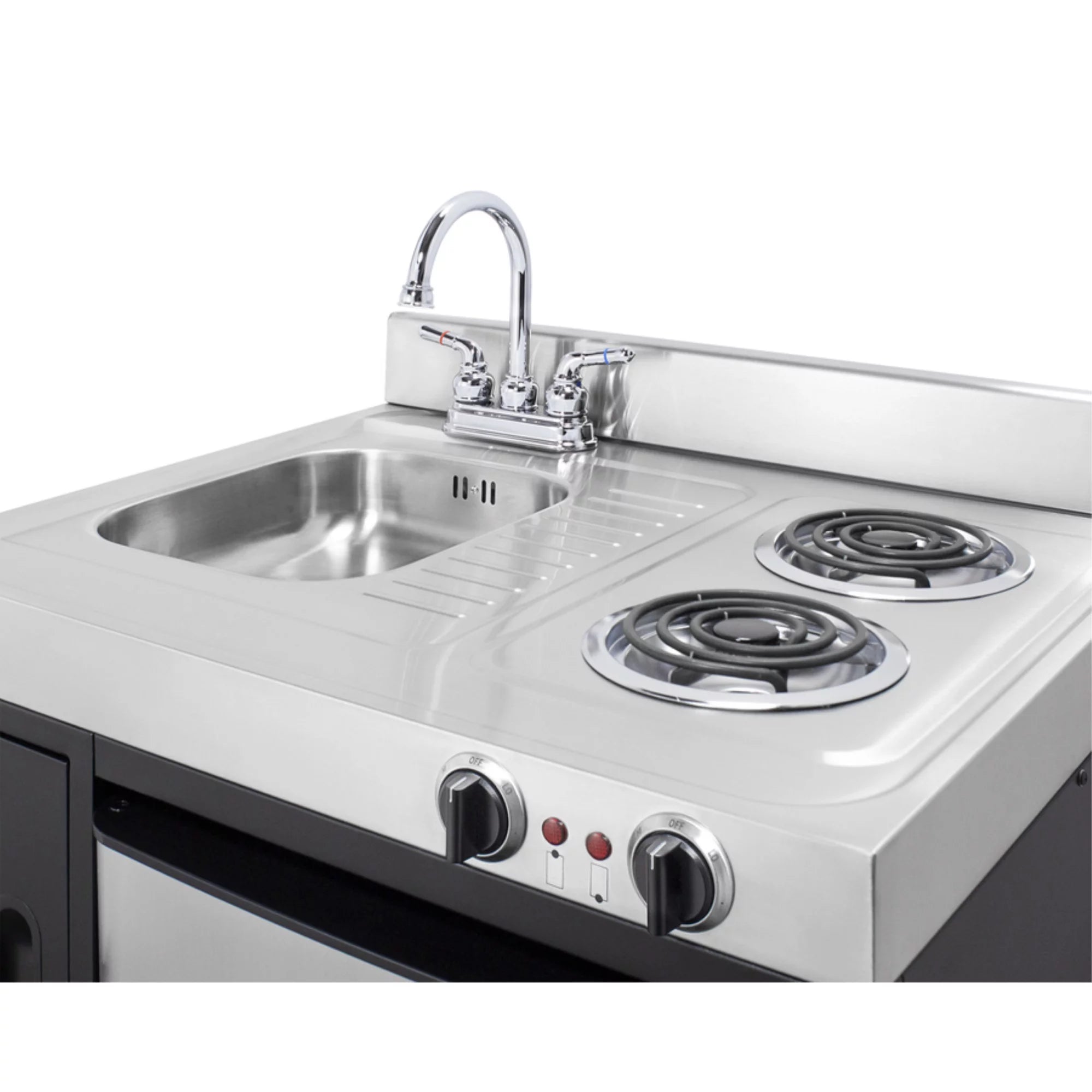30" all-in-one kitchenette with 2-burner cooktop, fridge, sink, and cabinet W440