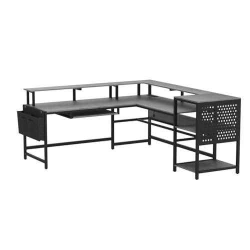 SEDETA L Shaped Gaming Desk with Power Outlets & LED Strip, Black U65690