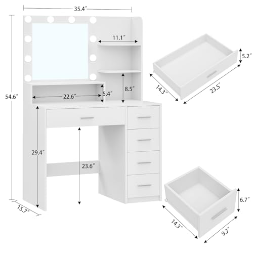 Quimoo Makeup Vanity Desk with Mirror & Lights, 5 Drawers, White Y954