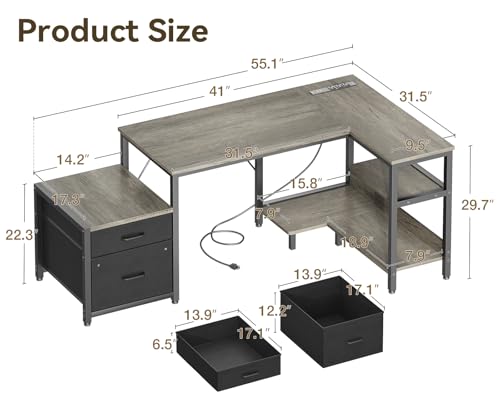 Casaottima 55 Inch L Shaped Desk with Drawers & File Cabinet, Rustic Brown B7734