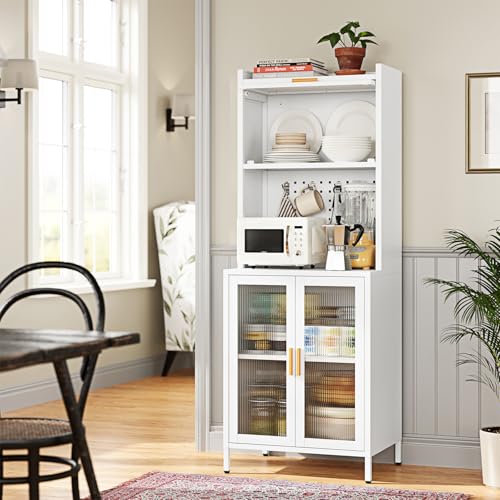 Letaya Kitchen Pantry Cabinet with Storage, Tall Bakers Rack, White R80833