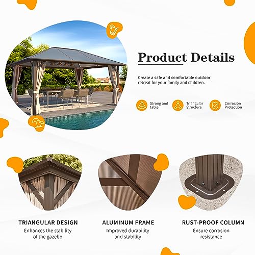 YOLENY 10'x13' Hardtop Gazebo with Aluminum Frame and Curtains F853