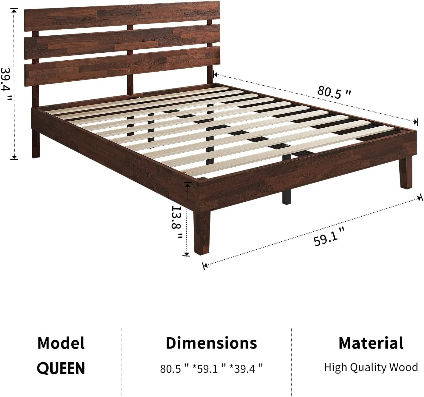 Queen Wood Bed Frame with Headboard, 14 Inch, No Box Spring Needed Z746
