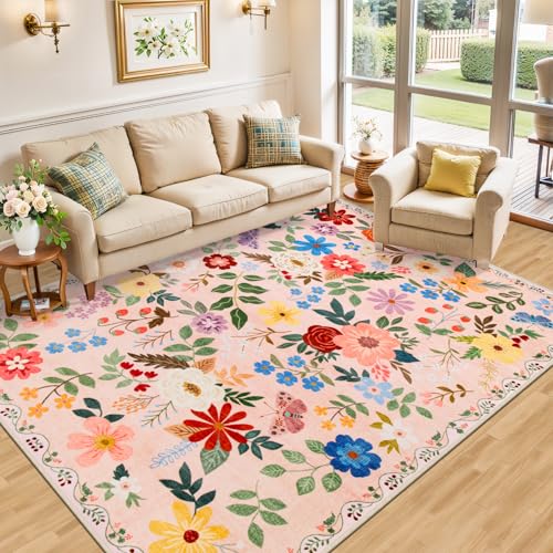 8x10 Floral Washable Area Rug for Living Room, Vintage Soft Non-Slip Carpet Z978379