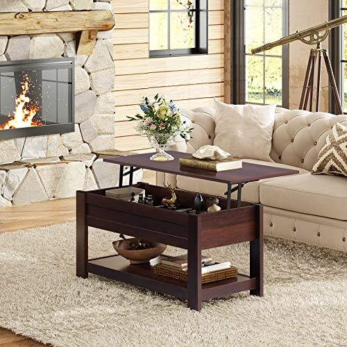 WLIVE Lift Top Coffee Table with Storage Shelf, Rustic Brown Z11463