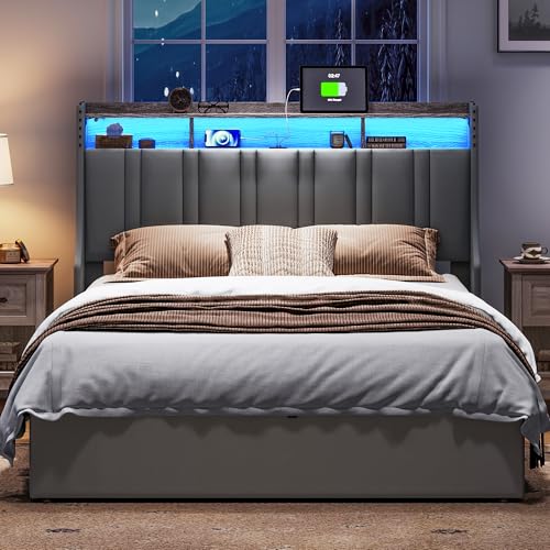 LINSY Lift Up Storage Queen Bed Frame with LED Lights and Charging Station, Dark Grey I29937