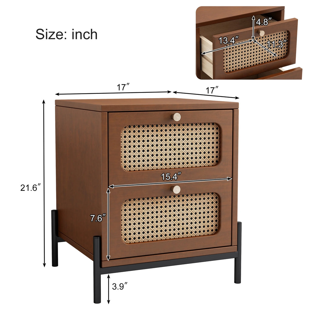CoSoTower Rattan Wood 2-Drawer Side Table Nightstand, Walnut R303