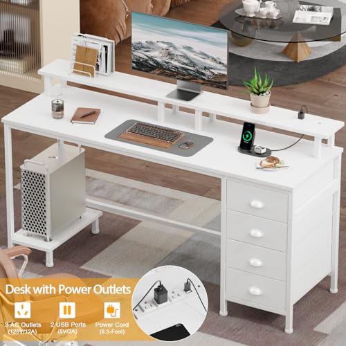 Furologee 47" Computer Gaming Desk with Monitor Stand, 4 Fabric Drawers & Power Outlets, Rustic Brown U645888