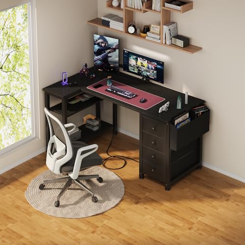 Lufeiya L Shaped Gaming Desk with Drawers & Power Outlet, Black A39519