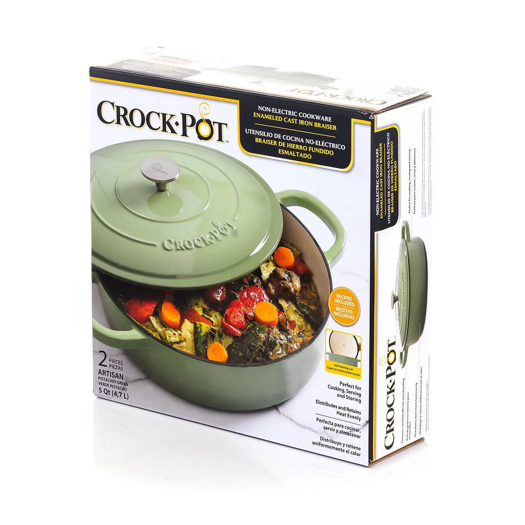 Crock Pot Artisan 5 Quart Enameled Cast Iron Braiser Pan with Lid, Pistachio Green T9166