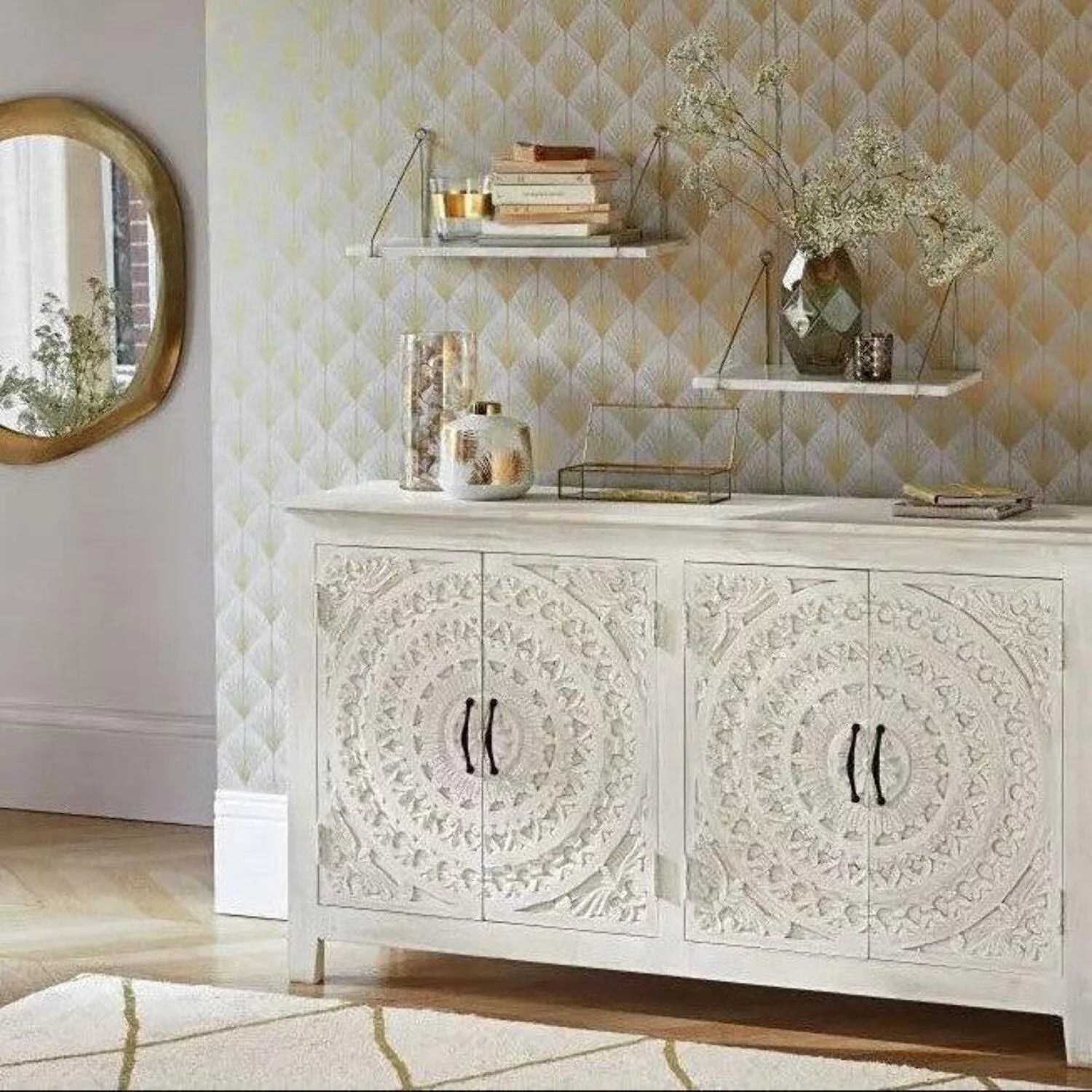 Carved Whitewash Farmhouse Cabinet V5113