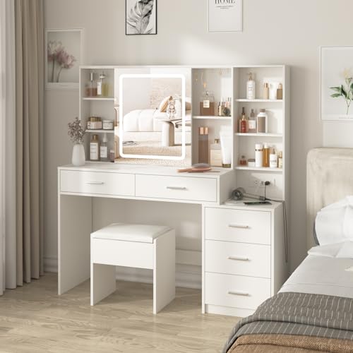 Fameill Vanity Desk with Mirror and Lights, 5 Drawers, Charging Station, White H302