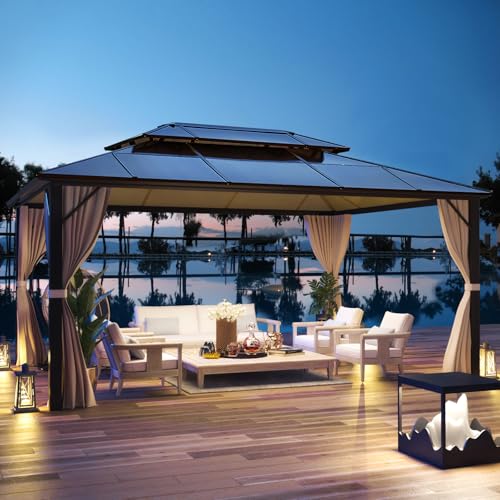 YOLENY 10'x13' Hardtop Gazebo, Outdoor Polycarbonate Double Roof Canopy, Aluminum Frame Permanent Pavilion with Curtains and Netting, Sunshade for Garden, Lawns, Patio
