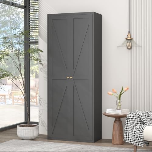 GREATMEET 65" Tall Kitchen Pantry Cabinet, White Metal Farmhouse Cupboard with Adjustable Shelves D202