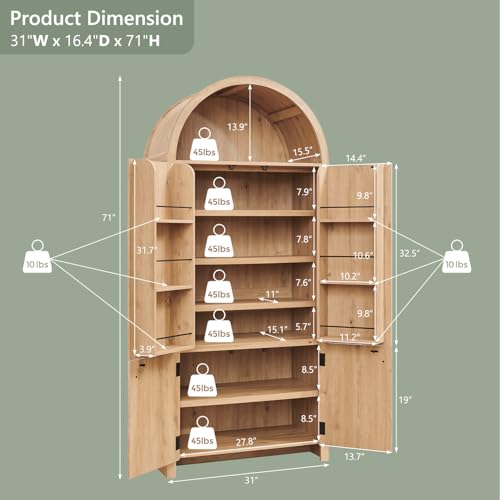 71" Tall Arched Kitchen Pantry, Modern Fluted Wood Storage Cabinet with Doors A419441