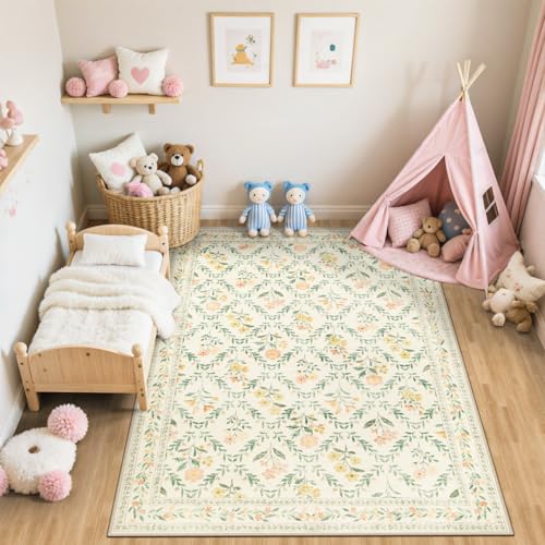 8x10 Floral Washable Area Rug for Living Room, Vintage Soft Non-Slip Carpet Z978379