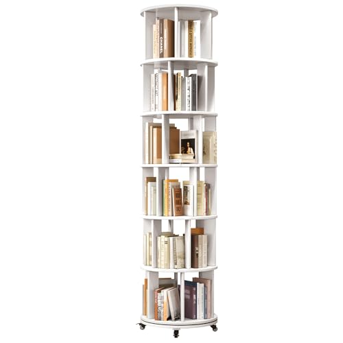 6 Tier Rotating Bookshelf Tower with Swivel Wheels, Solid Wood, Walnut B588