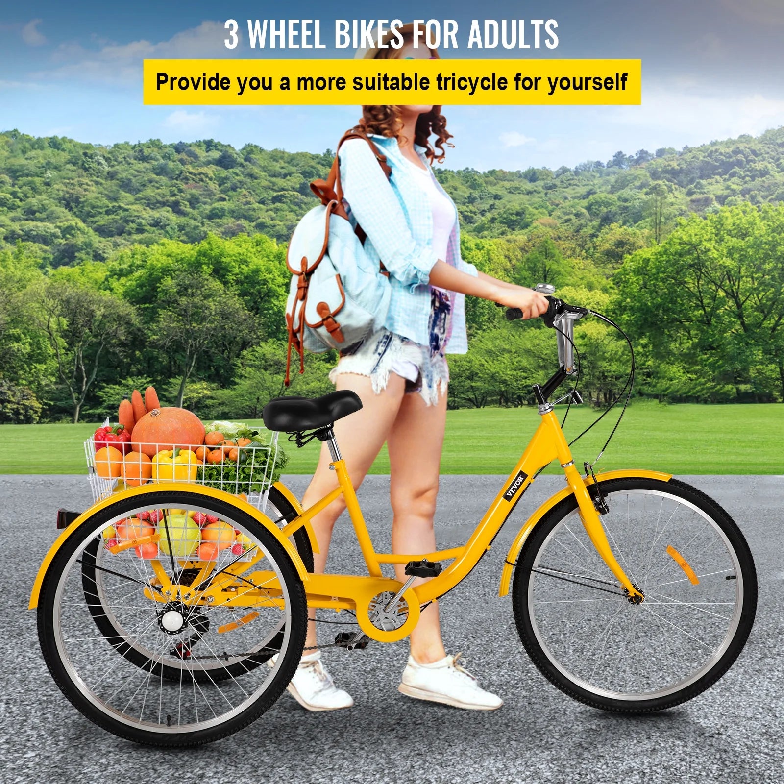 SKYSHALO Adult Tricycle 26in 7-Speed 3-Wheel Cruise Bike with Basket C45508