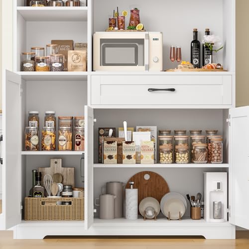 HOSTACK 71" Tall Kitchen Pantry Storage Cabinet with Microwave Stand, Barn Doors, Ash Grey H766476