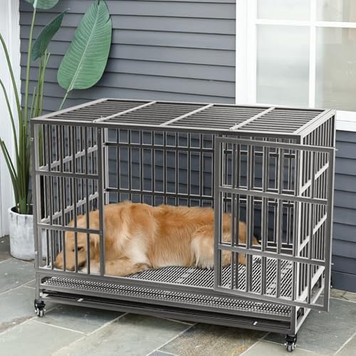 LEMBERI 48/38 inch Heavy Duty Dog Crate with Lockable Wheels, Double Door, Removable Tray Z823935