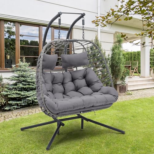 Double Egg Swing Chair with Stand, Rattan Wicker, UV Resistant Cushion, Metal Frame N439669
