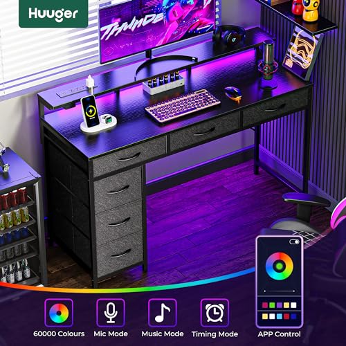 Huuger Gaming Desk with 6 Drawers, LED Lights, 47 Inch, Black N423283